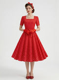 1950s Vintage Retro Rockabilly Outfits Flare Dress Tea-Length Polka dots Square Collar Evening Masquerade Bachelorette Party for Women