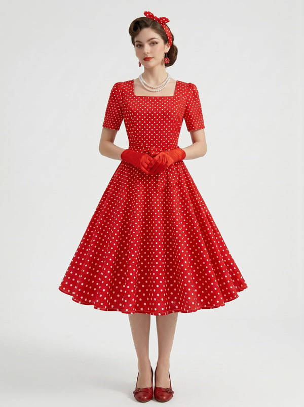 1950s Vintage Retro Rockabilly Outfits Flare Dress Tea-Length Polka dots Square Collar Evening Masquerade Bachelorette Party for Women