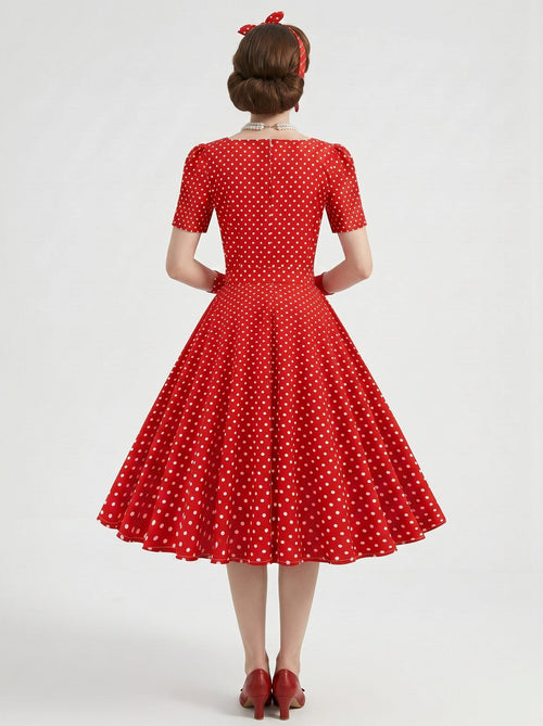 1950s Vintage Retro Rockabilly Outfits Flare Dress Tea-Length Polka dots Square Collar Evening Masquerade Bachelorette Party for Women