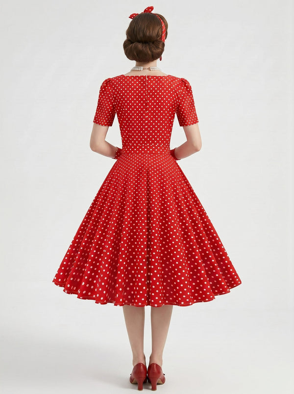 1950s Vintage Retro Rockabilly Outfits Flare Dress Tea-Length Polka dots Square Collar Evening Masquerade Bachelorette Party for Women