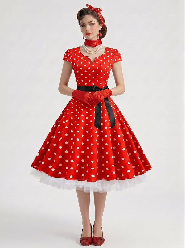 1950s Vintage Retro Rockabilly Outfits Swing Dress Flare Fancy Dress Tea-Length Polka dots Scoop Neck Carnival Masquerade for Women