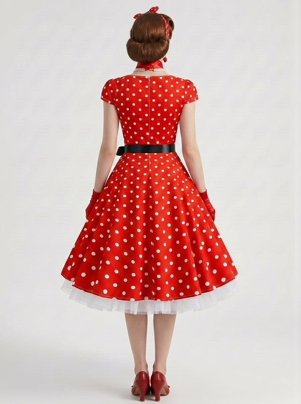 1950s Vintage Retro Rockabilly Outfits Swing Dress Flare Fancy Dress Tea-Length Polka dots Scoop Neck Carnival Masquerade for Women