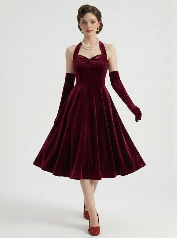 1950s Vintage Retro Outfits Swing Dress Flare Fancy Dress Solid Color Tea-Length Halter Casual Daily Party Cocktail Bachelorette Party for Women