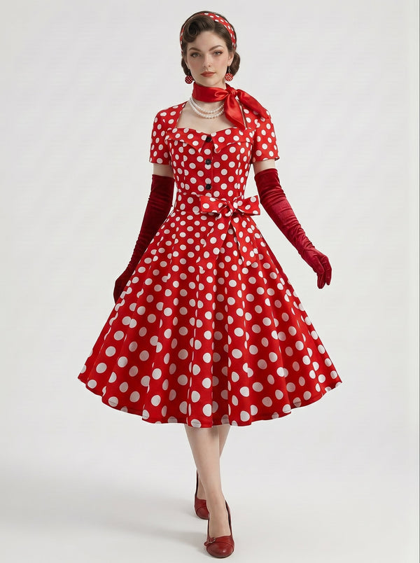 1950s Vintage Retro Rockabilly Outfits Swing Dress Flare Fancy Dress Tea-Length Polka dots Square Collar Evening Bachelorette Party for Women
