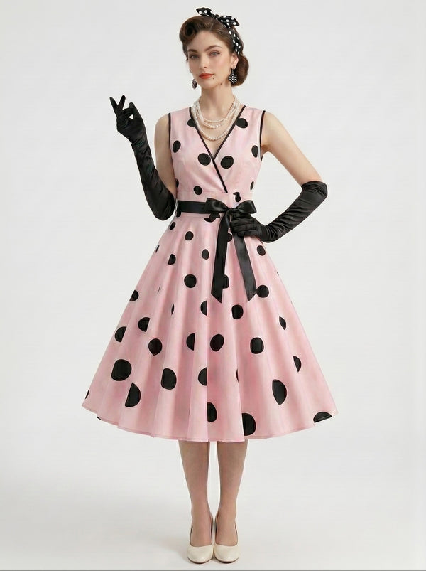 1950s Vintage Retro Outfits Swing Dress Flare Dress Fancy Dress Tea-Length Polka dots V-Neck Women's Date Party  for Women