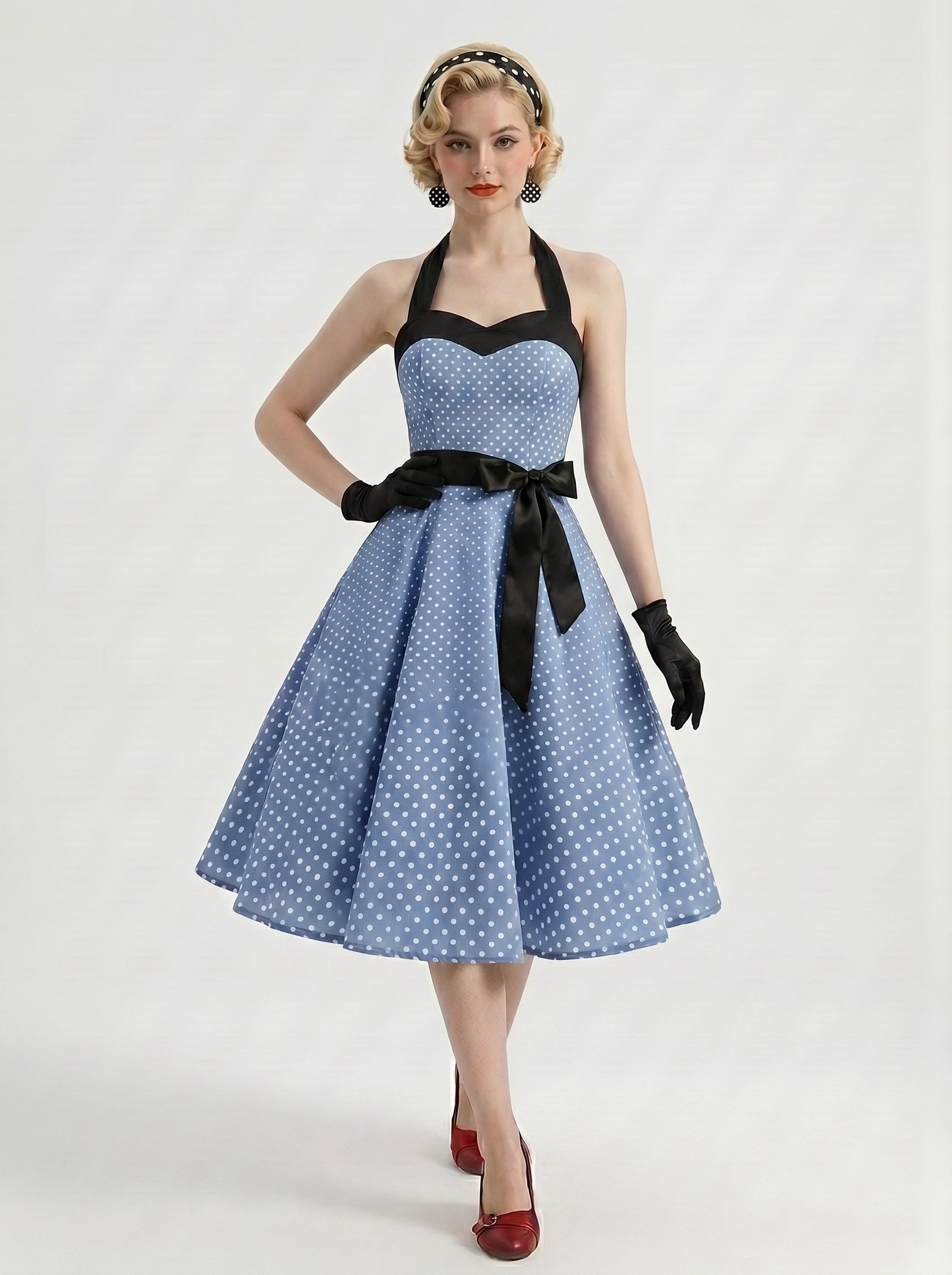 1950s Vintage Retro Rockabilly Outfits Fit & Flare Swing Dress Tea-Length Polka dots Halter Carnival Tea Party for Women