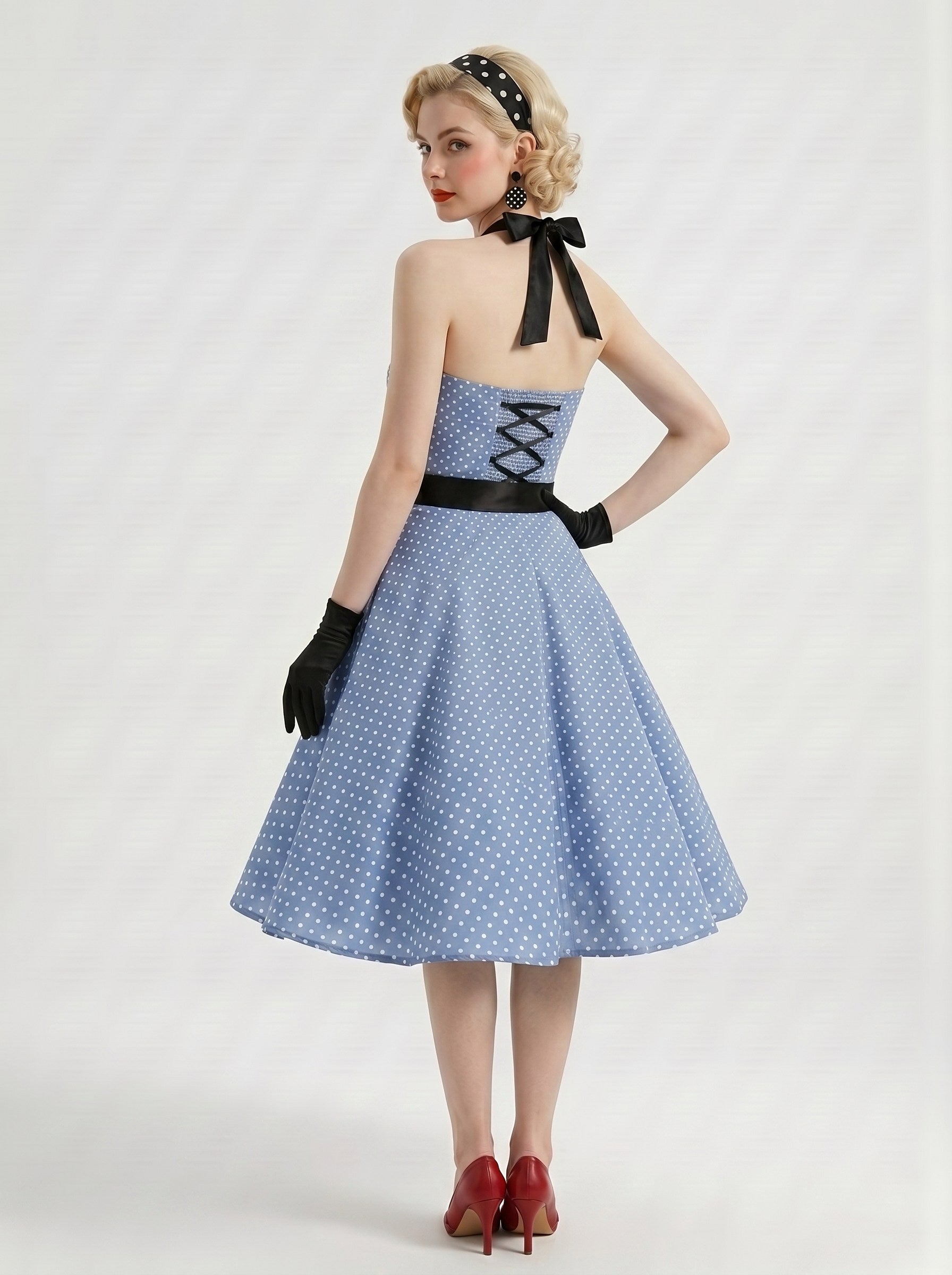 1950s Vintage Retro Rockabilly Outfits Fit & Flare Swing Dress Tea-Length Polka dots Halter Carnival Tea Party for Women
