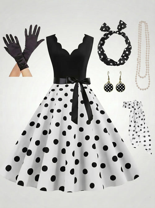 1950s Vintage Retro Rockabilly Outfits Fancy Dress Swing Dress Flare Dress Tea-Length Polka dots V-Neck Evening Bachelorette Party Women's Party