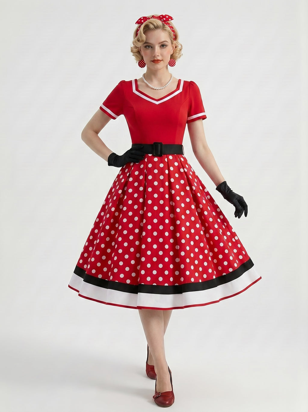 1950s Vintage Retro Outfits Flare Dress Tea-Length Polka dots V-Neck Women's Date Party Christmas Evening Bachelorette Party