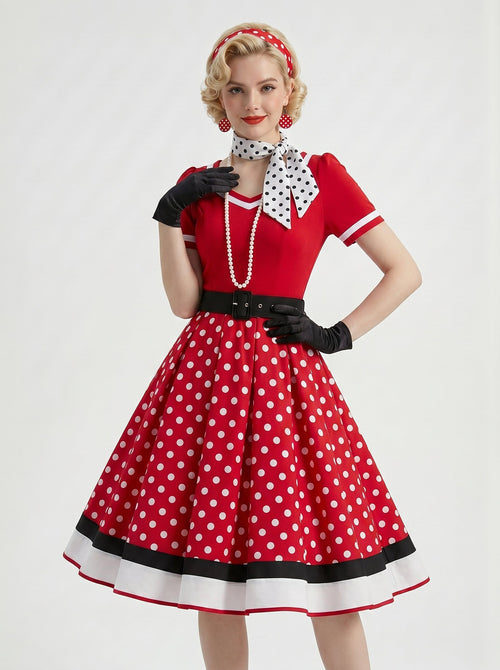 1950s Vintage Retro Outfits Flare Dress Tea-Length Polka dots V-Neck Women's Date Party Christmas Evening Bachelorette Party