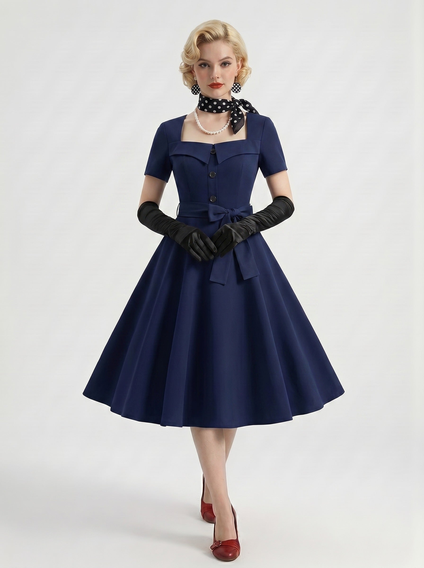 1950s Vintage Navy Blue Retro Outfits Swing Dress Solid Color Flare Dress Tea-Length Polka dots Square Collar Women's Halloween Carnival New Year Masquerade Party