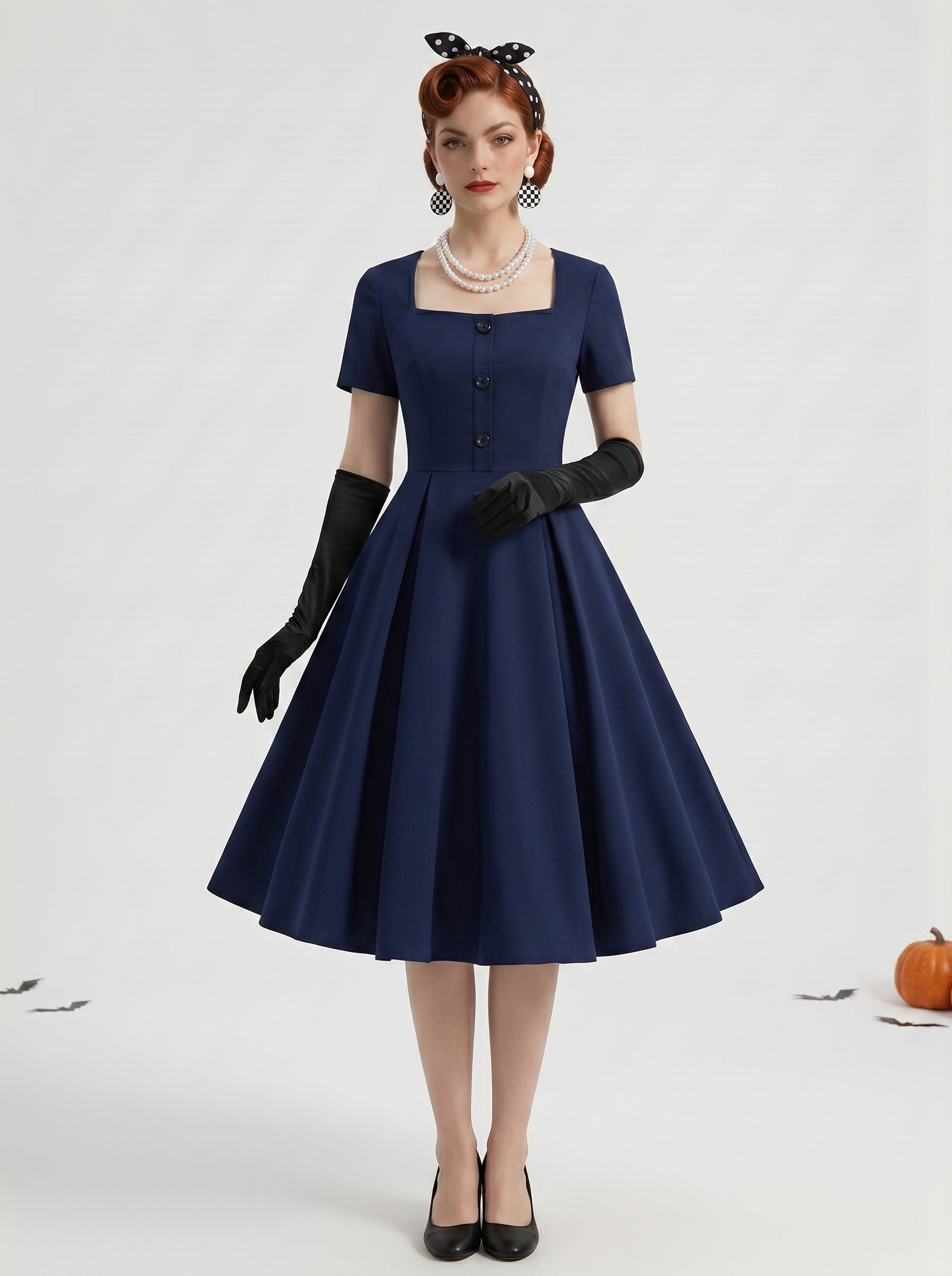 1950s Vintage Navy Blue Retro Outfits Swing Dress Solid Color Flare Dress Tea-Length Polka dots Square Collar Women's Halloween Carnival New Year Masquerade Party