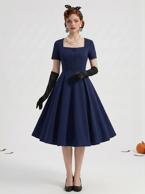 1950s Vintage Navy Blue Retro Outfits Swing Dress Solid Color Flare Dress Tea-Length Polka dots Square Collar Women's Halloween Carnival New Year Masquerade Party