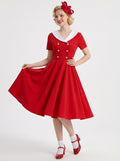 1950s Vintage Red Retro Outfits Petticoat Swing Dress Fit & Flare Fancy Dress Tea-Length Covered Button V-Neck Women's Carnival Tea Party Masquerade Music Festival