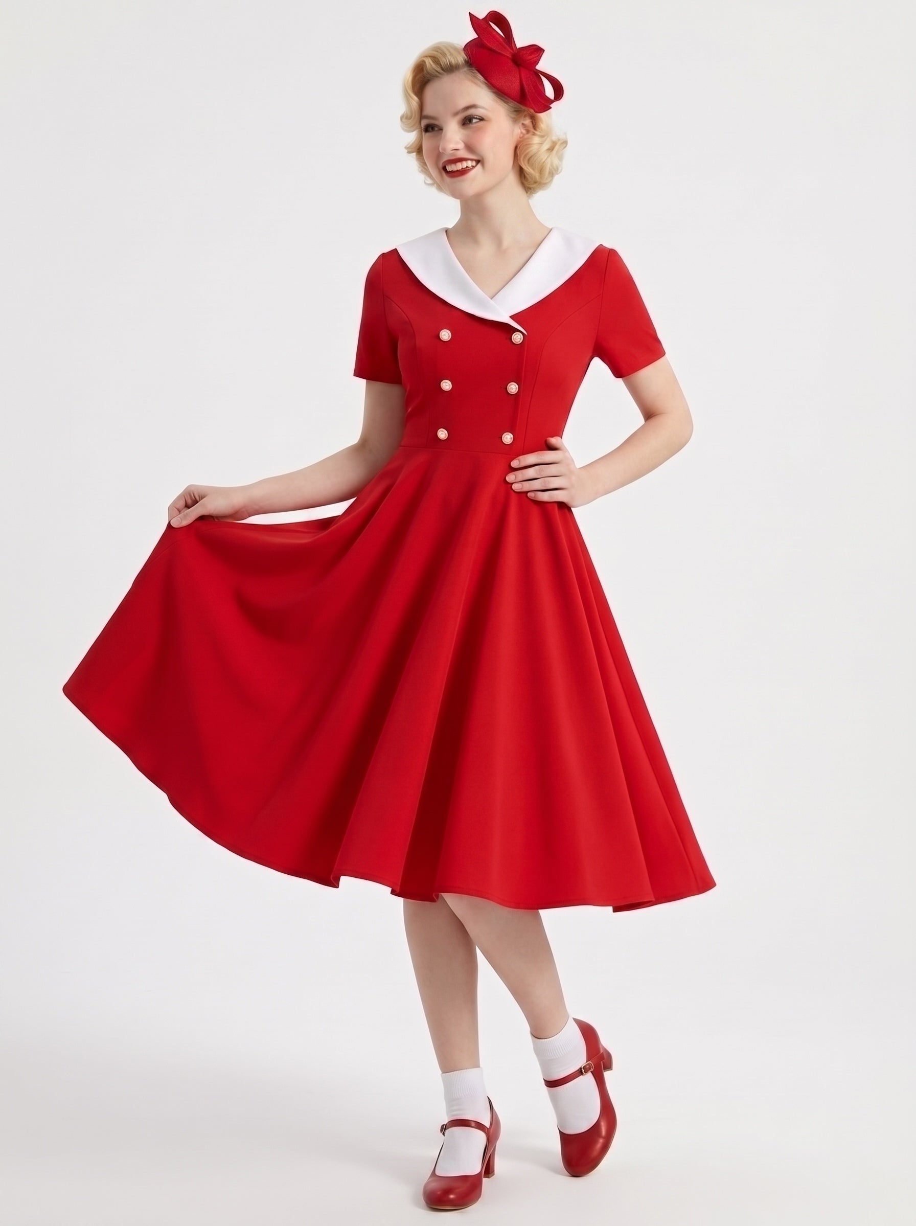 1950s Vintage Red Retro Outfits Petticoat Swing Dress Fit & Flare Fancy Dress Tea-Length Covered Button V-Neck Women's Carnival Tea Party Masquerade Music Festival