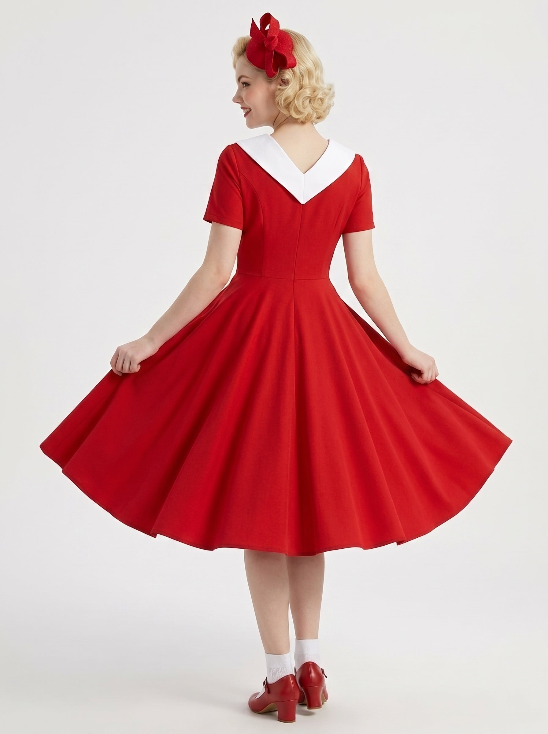 1950s Vintage Red Retro Outfits Petticoat Swing Dress Fit & Flare Fancy Dress Tea-Length Covered Button V-Neck Women's Carnival Tea Party Masquerade Music Festival