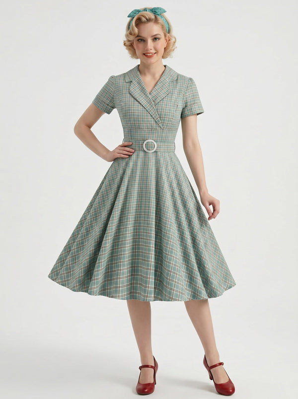 1950s Vintage Green Retro Outfits Petticoat Swing Dress Fit & Flare Fancy Dress Tea-Length Checkered V-Neck Women's Masquerade Revival Homecoming Dresses Tea Party