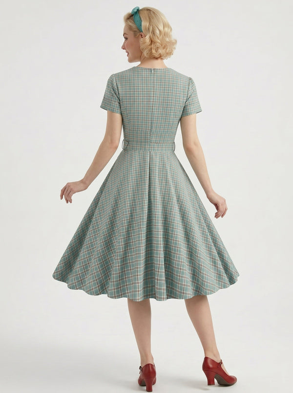 1950s Vintage Green Retro Outfits Petticoat Swing Dress Fit & Flare Fancy Dress Tea-Length Checkered V-Neck Women's Masquerade Revival Homecoming Dresses Tea Party