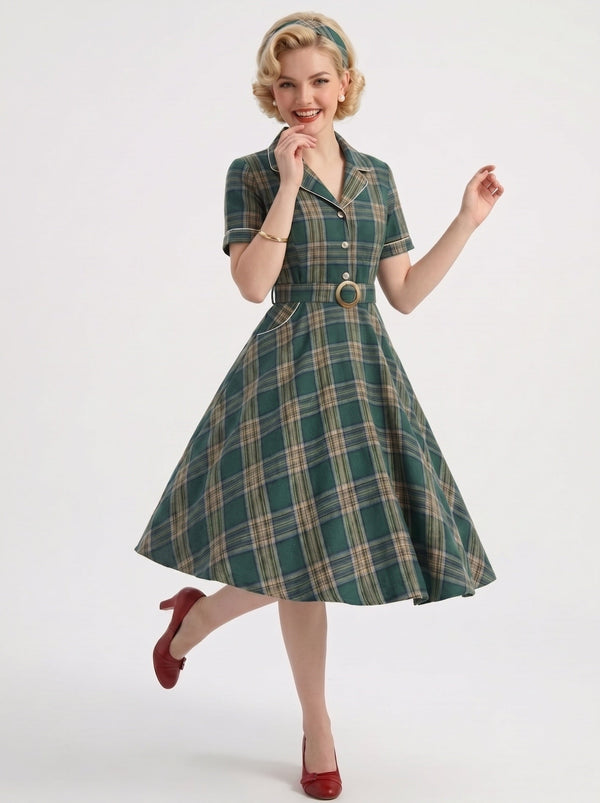 1950s Vintage Retro Outfits Swing Dress Fit & Flare Fancy Dress Tea-Length Checkered V-Neck Women's Masquerade Revival Homecoming Dresses Tea Party