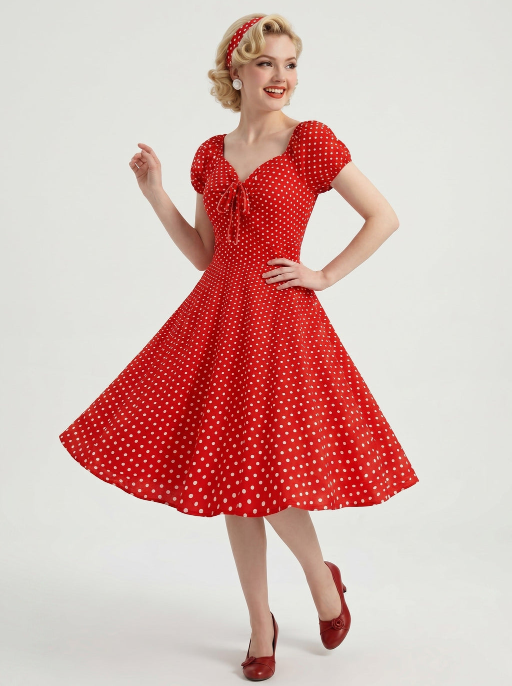 1950s Vintage Red Retro Rockabilly Swing Dress Fit & Flare Flare Dress Knee-Length Polka dots V-Neck Carnival Vacation Casual Daily Halloween Retro Theme Party for Women