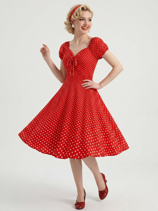 1950s Vintage Red Retro Rockabilly Swing Dress Fit & Flare Flare Dress Knee-Length Polka dots V-Neck Carnival Vacation Casual Daily Halloween Retro Theme Party for Women