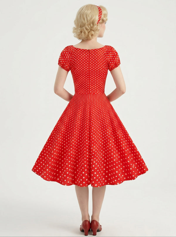 1950s Vintage Red Retro Rockabilly Swing Dress Fit & Flare Flare Dress Knee-Length Polka dots V-Neck Carnival Vacation Casual Daily Halloween Retro Theme Party for Women