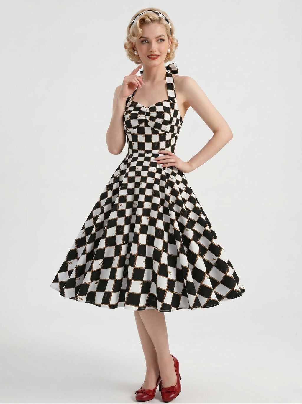 1950s Vintage Black Retro Rockabilly Swing Dress Fit & Flare Fancy Dress Knee-Length Checkered Halter Carnival Vacation Casual Daily Retro Theme Party for Women