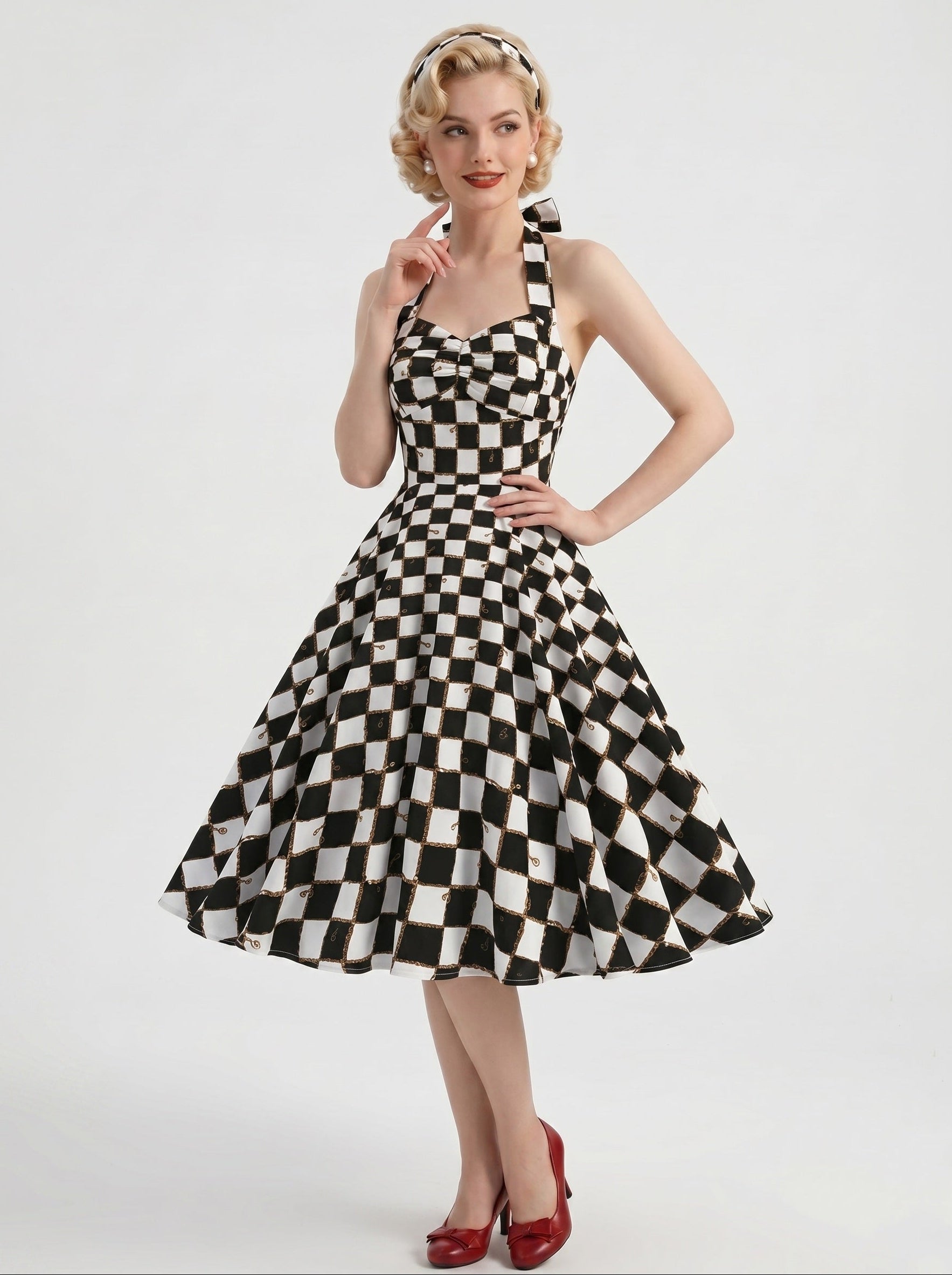 1950s Vintage Black Retro Rockabilly Swing Dress Fit & Flare Fancy Dress Knee-Length Checkered Halter Carnival Vacation Casual Daily Retro Theme Party for Women