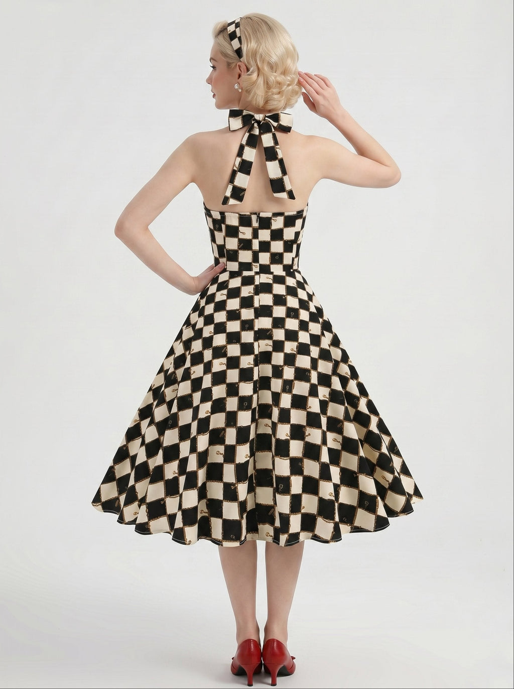 1950s Vintage Black Retro Rockabilly Swing Dress Fit & Flare Fancy Dress Knee-Length Checkered Halter Carnival Vacation Casual Daily Retro Theme Party for Women