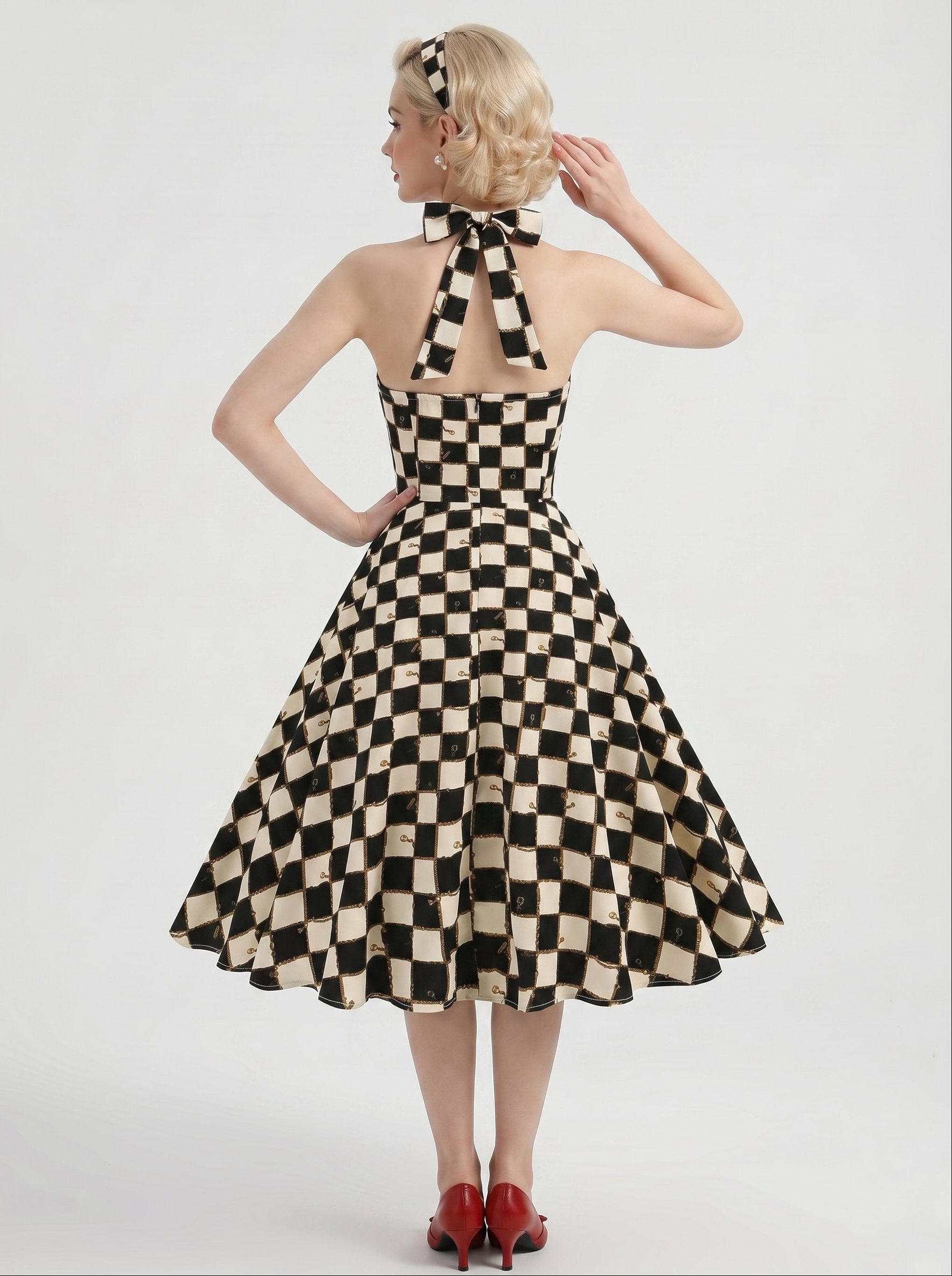 1950s Vintage Black Retro Rockabilly Swing Dress Fit & Flare Fancy Dress Knee-Length Checkered Halter Carnival Vacation Casual Daily Retro Theme Party for Women