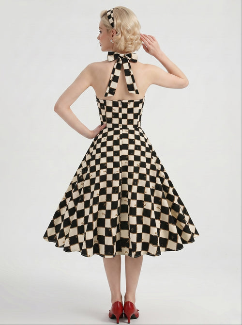 1950s Vintage Black Retro Rockabilly Swing Dress Fit & Flare Fancy Dress Knee-Length Checkered Halter Carnival Vacation Casual Daily Retro Theme Party for Women