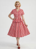 1950s Vintage Red Retro Rockabilly Swing Dress Tea-Length Checkered V-Neck Carnival Bachelorette Party Homecoming Dresses for Women