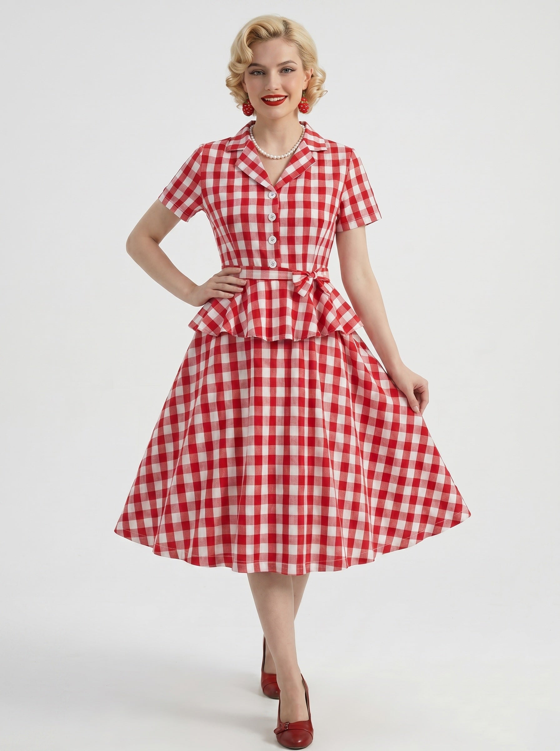 1950s Vintage Red Retro Rockabilly Swing Dress Tea-Length Checkered V-Neck Carnival Bachelorette Party Homecoming Dresses for Women