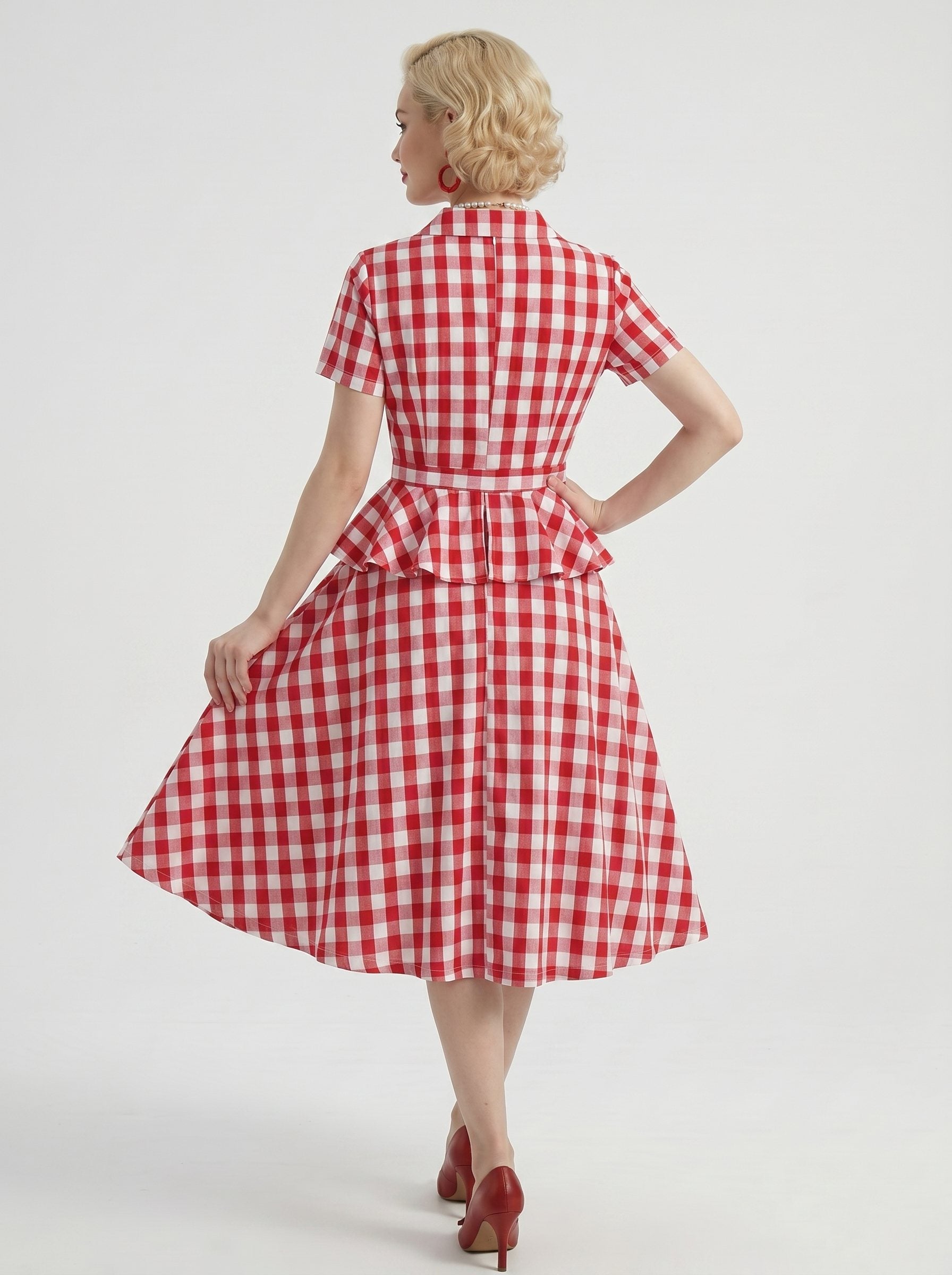 1950s Vintage Red Retro Rockabilly Swing Dress Tea-Length Checkered V-Neck Carnival Bachelorette Party Homecoming Dresses for Women