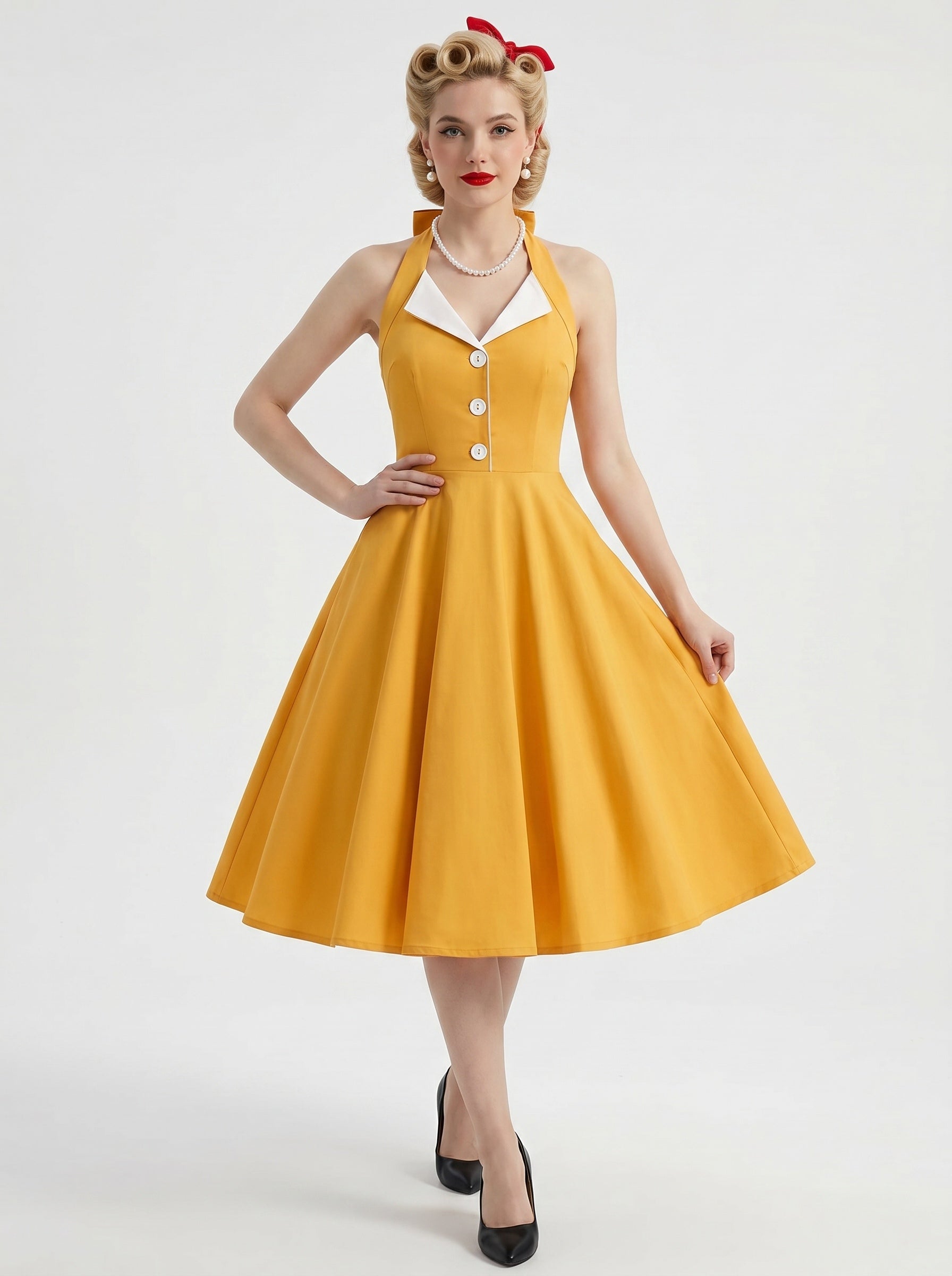 1950s Vintage Outfits Swing Dress Solid Color Knee-Length Covered Button Halter Carnival Bachelorette Party for Women