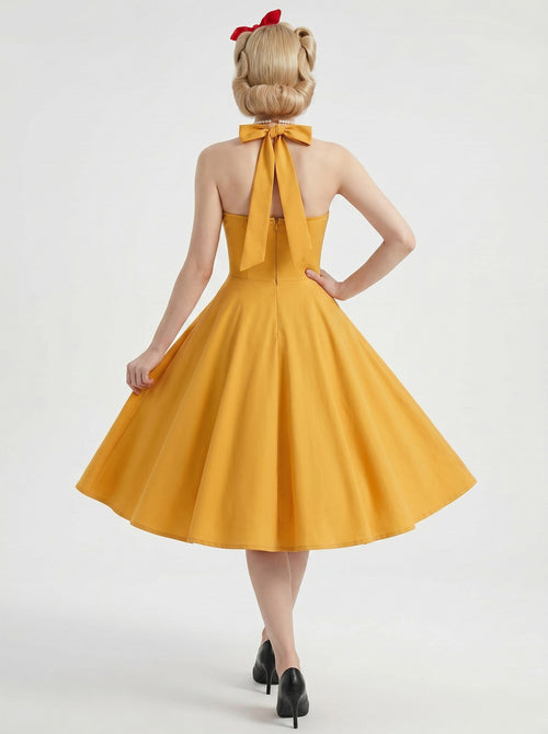 1950s Vintage Outfits Swing Dress Solid Color Knee-Length Covered Button Halter Carnival Bachelorette Party for Women