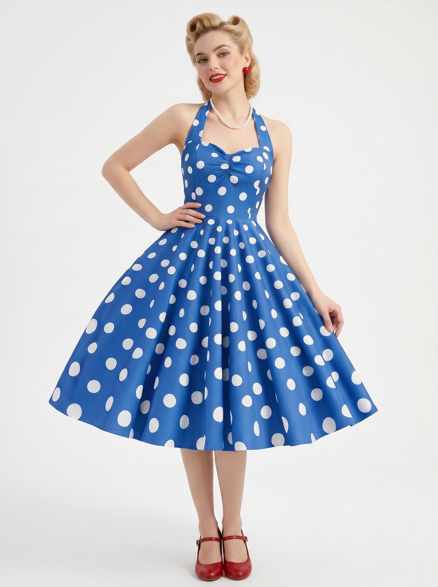 1950s Vintage Outfits Swing Dress Tea-Length Polka dots Halter Carnival for Women