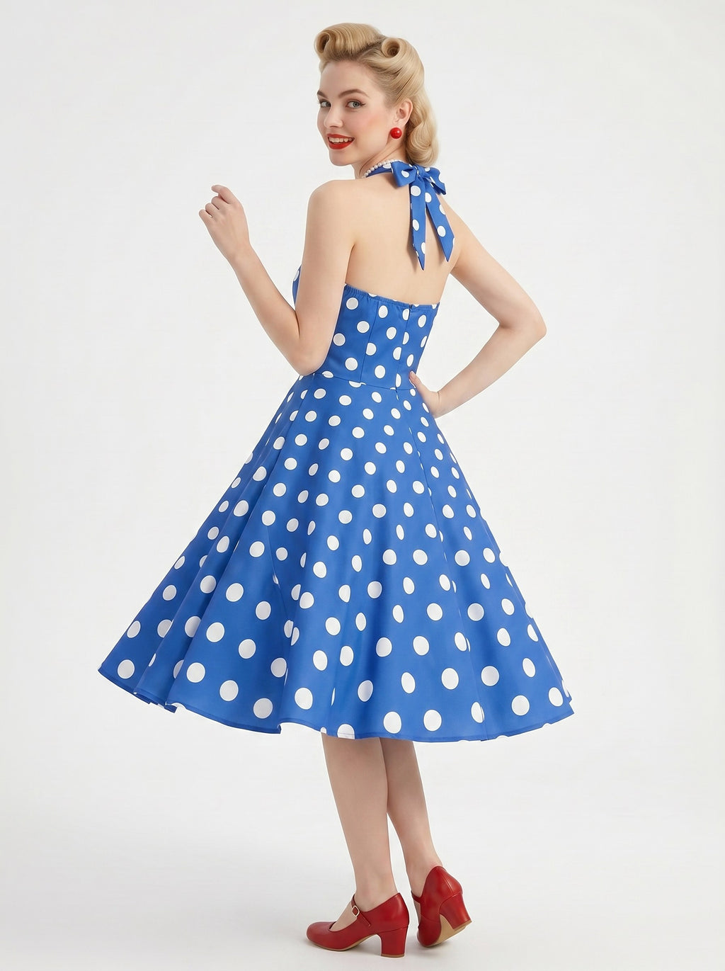 1950s Vintage Outfits Swing Dress Tea-Length Polka dots Halter Carnival for Women