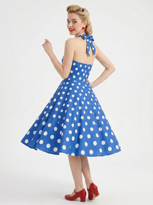 1950s Vintage Outfits Swing Dress Tea-Length Polka dots Halter Carnival for Women