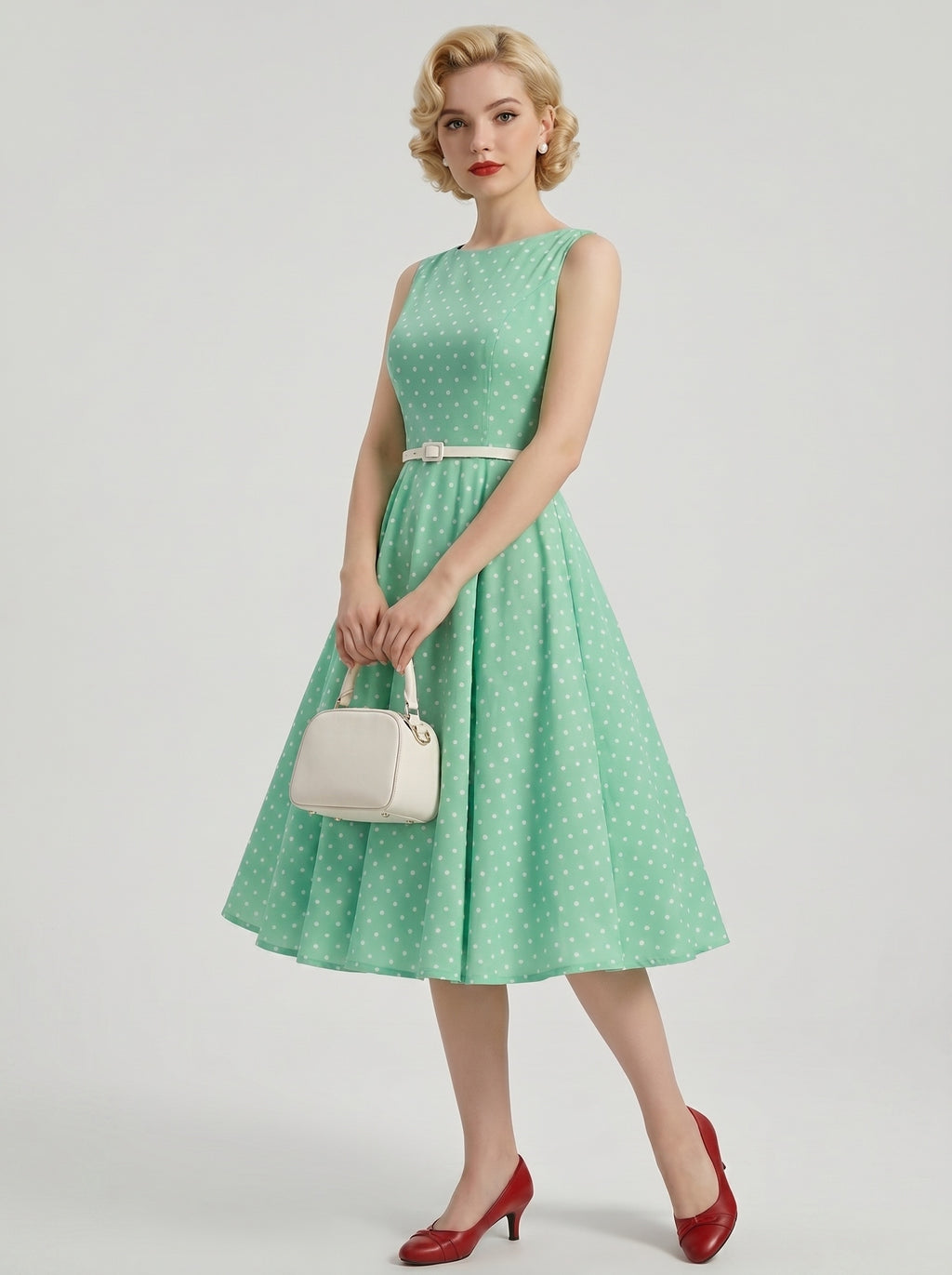 1950s Vintage Outfits Swing Dress Tea-Length Polka dots Scoop Neck Bachelorette Party for Women