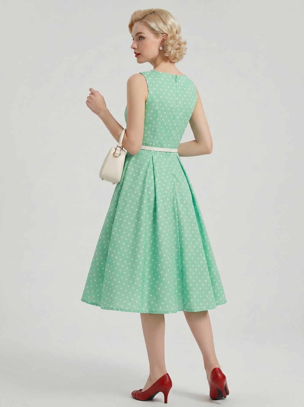 1950s Vintage Outfits Swing Dress Tea-Length Polka dots Scoop Neck Bachelorette Party for Women