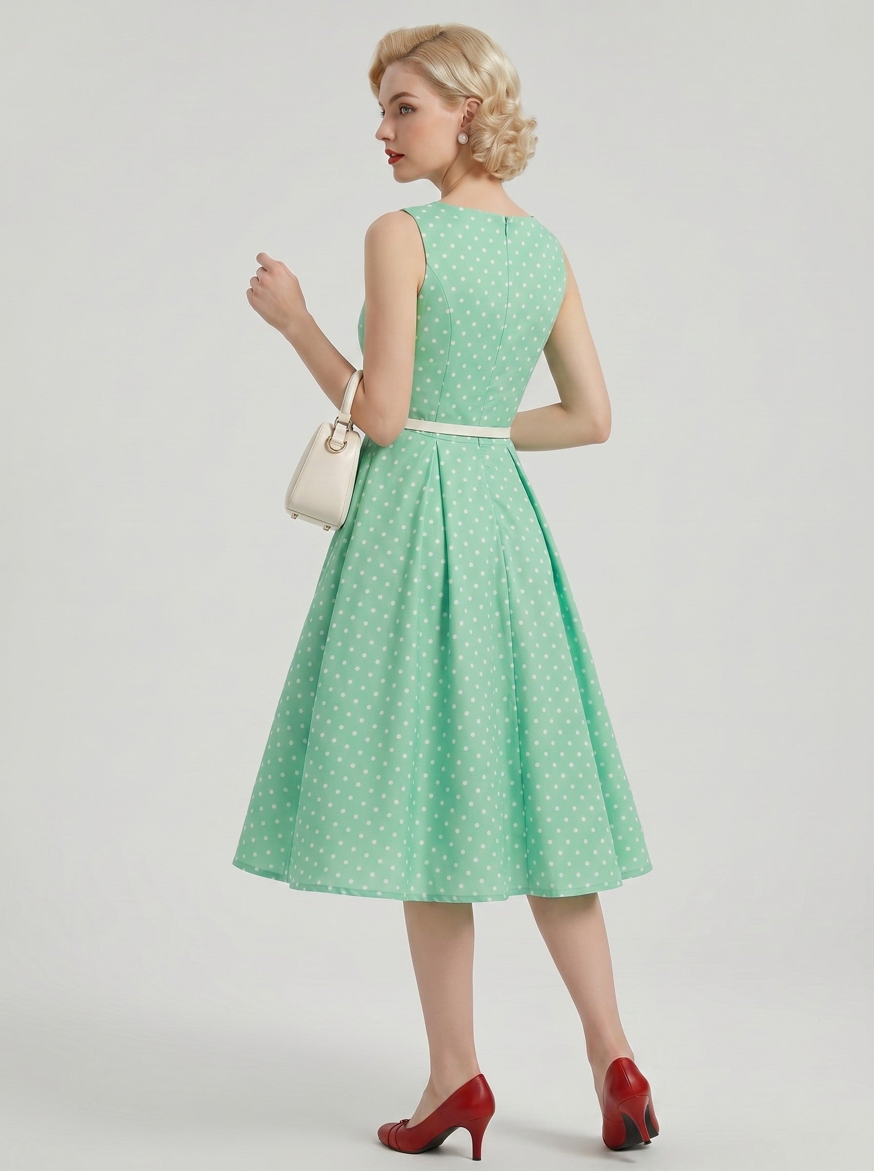 1950s Vintage Outfits Swing Dress Tea-Length Polka dots Scoop Neck Bachelorette Party for Women