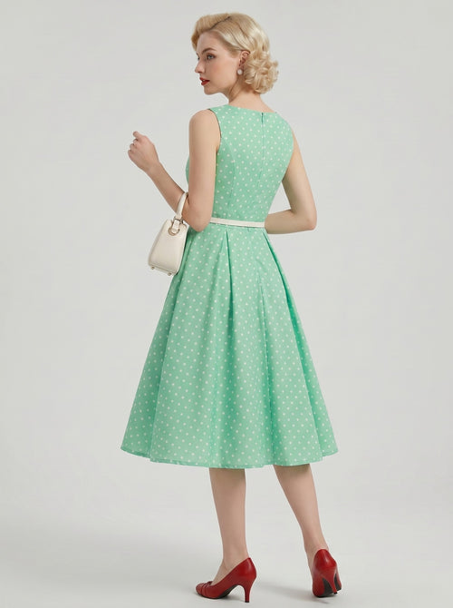 1950s Vintage Outfits Swing Dress Tea-Length Polka dots Scoop Neck Bachelorette Party for Women