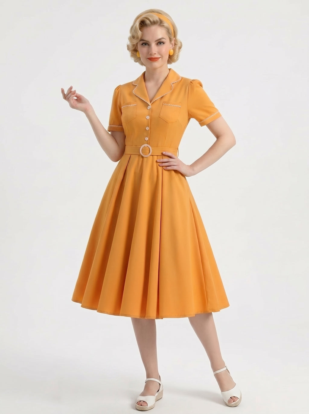 1950s Vintage Outfits Swing Dress Tea-Length Covered Button V-Neck Halloween Bachelorette Party for Women