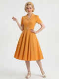 1950s Vintage Outfits Swing Dress Tea-Length Covered Button V-Neck Halloween Bachelorette Party for Women