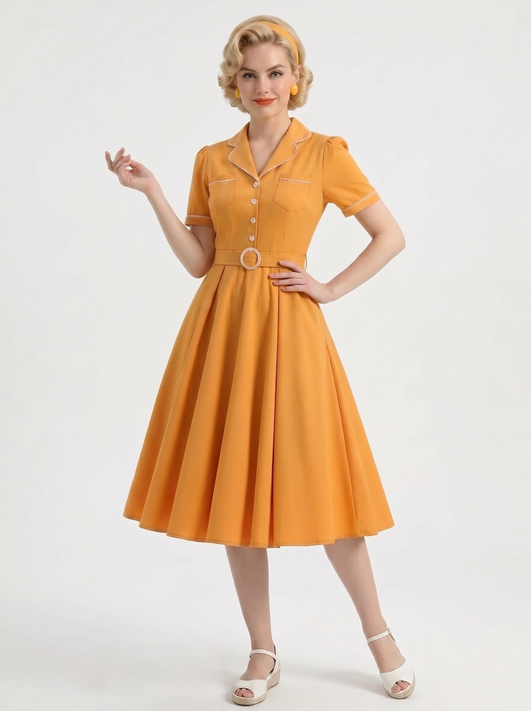1950s Vintage Outfits Swing Dress Tea-Length Covered Button V-Neck Halloween Bachelorette Party for Women