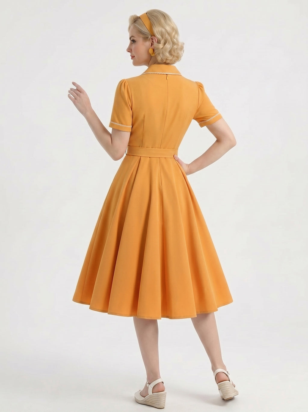 1950s Vintage Outfits Swing Dress Tea-Length Covered Button V-Neck Halloween Bachelorette Party for Women