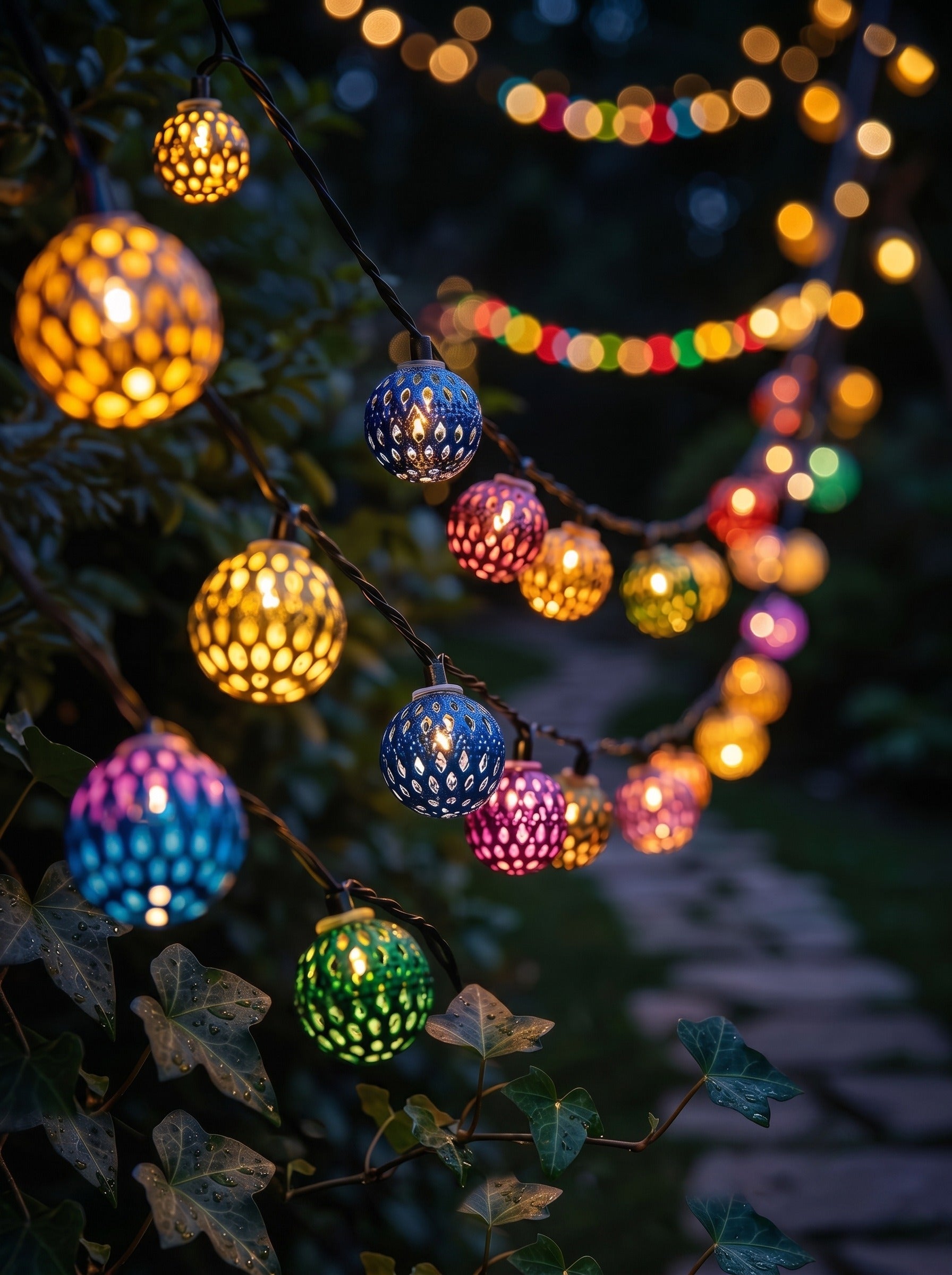 Moroccan Globe Solar String Lights, Colorful LED Fairy Lights for Garden, Fence, Courtyard & Pathway Decoration