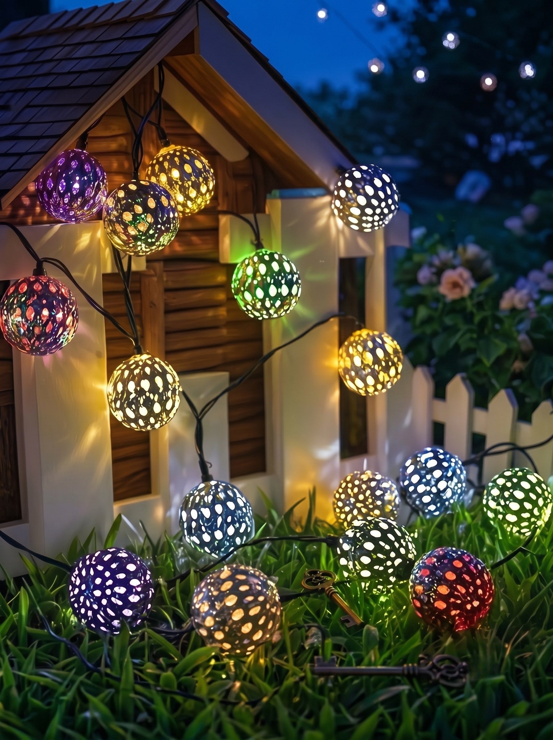 Moroccan Globe Solar String Lights, Colorful LED Fairy Lights for Garden, Fence, Courtyard & Pathway Decoration