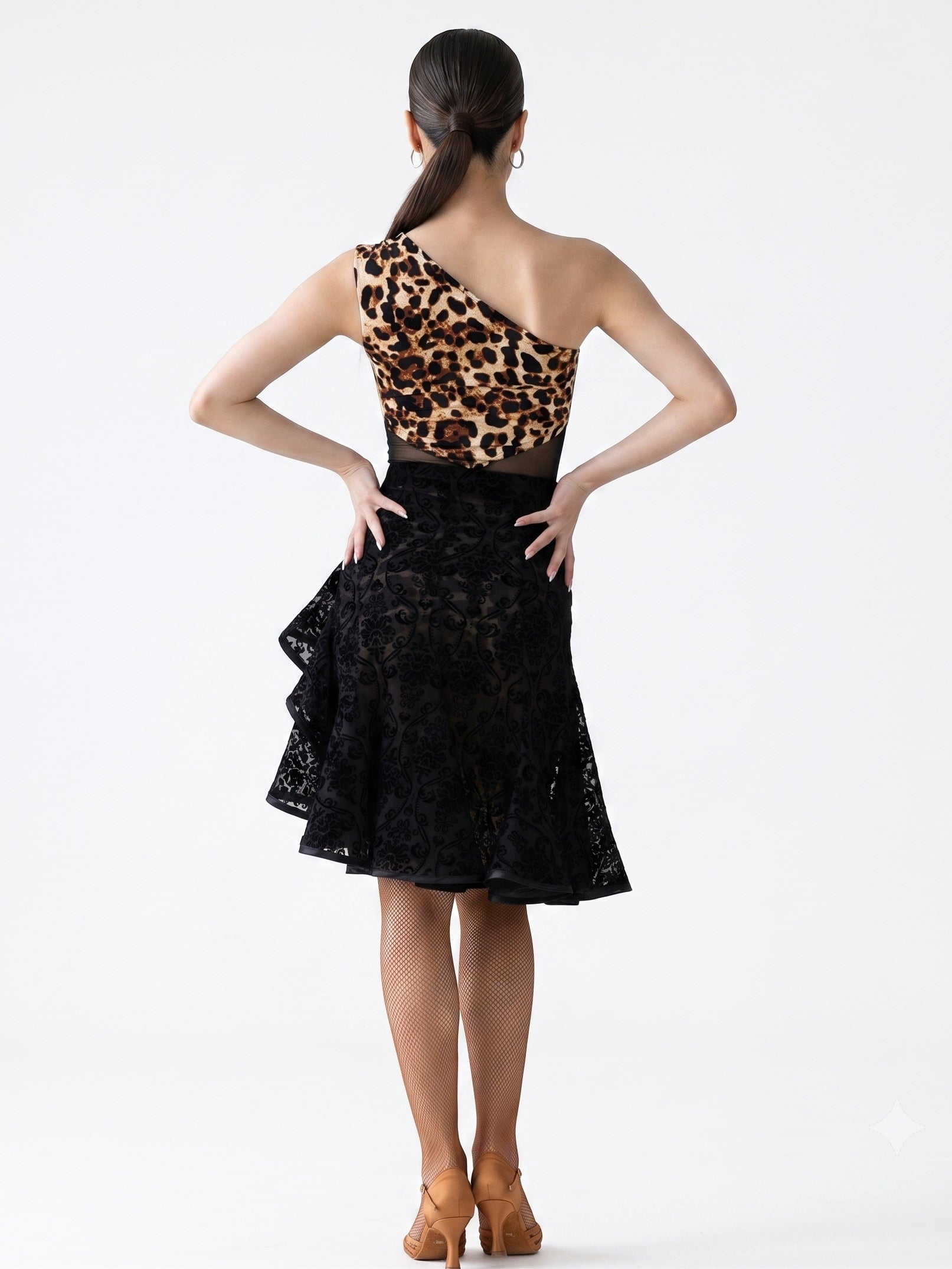 Dancewear Latin Slit Midi Dancewear Lace One-Shoulder Training And Performance Costumes